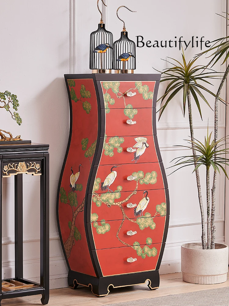 New Chinese Style Red National Fashion Painted Bedroom Storage 7-Drawer Cabinet High Cabinet Multi-Drawer Curio Cabinet