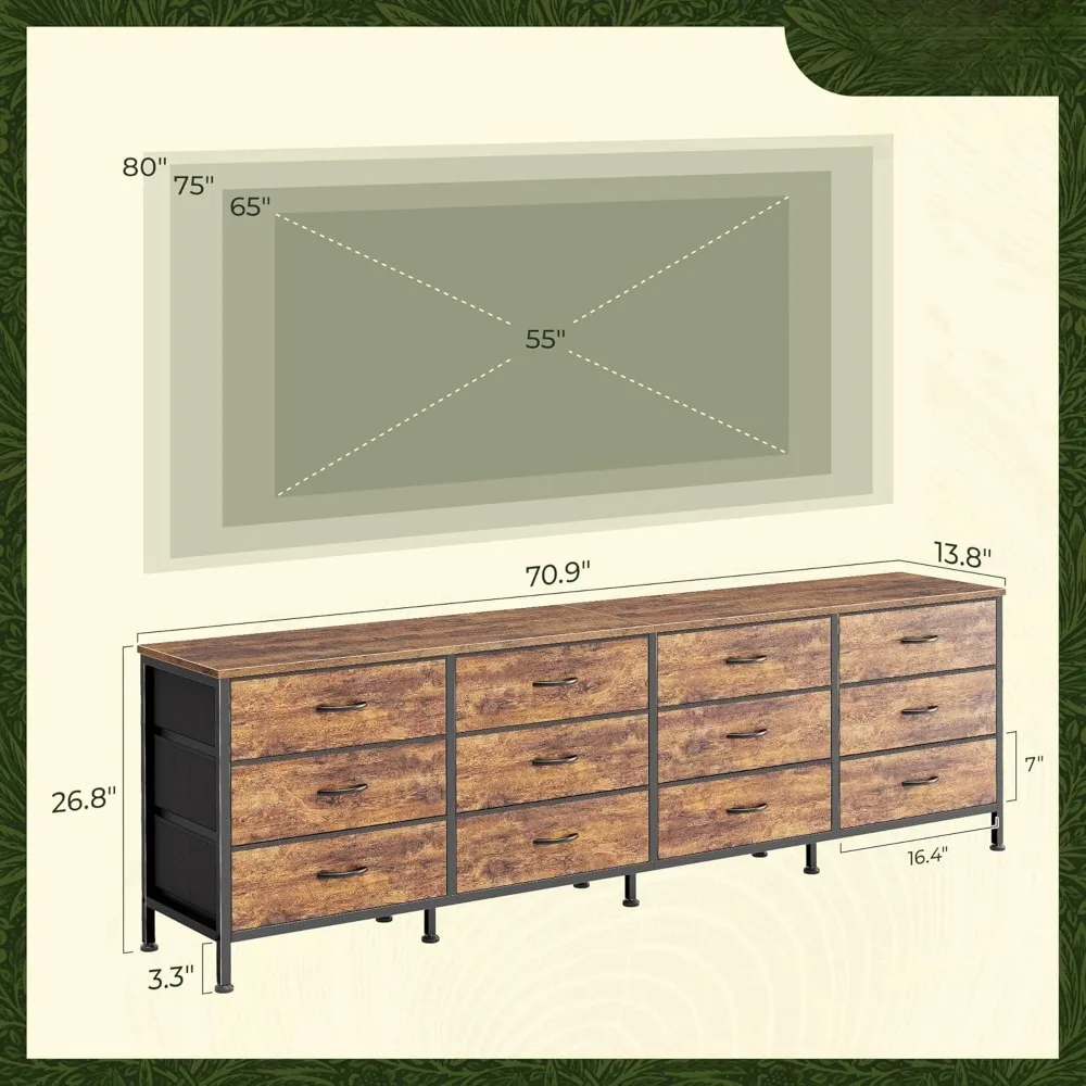 Cômoda de 70 polegadas para quarto, para TV de 65, 75, 80 polegadas, cômoda longa com 12 gavetas de tecido, para quarto, suporte de TV grande