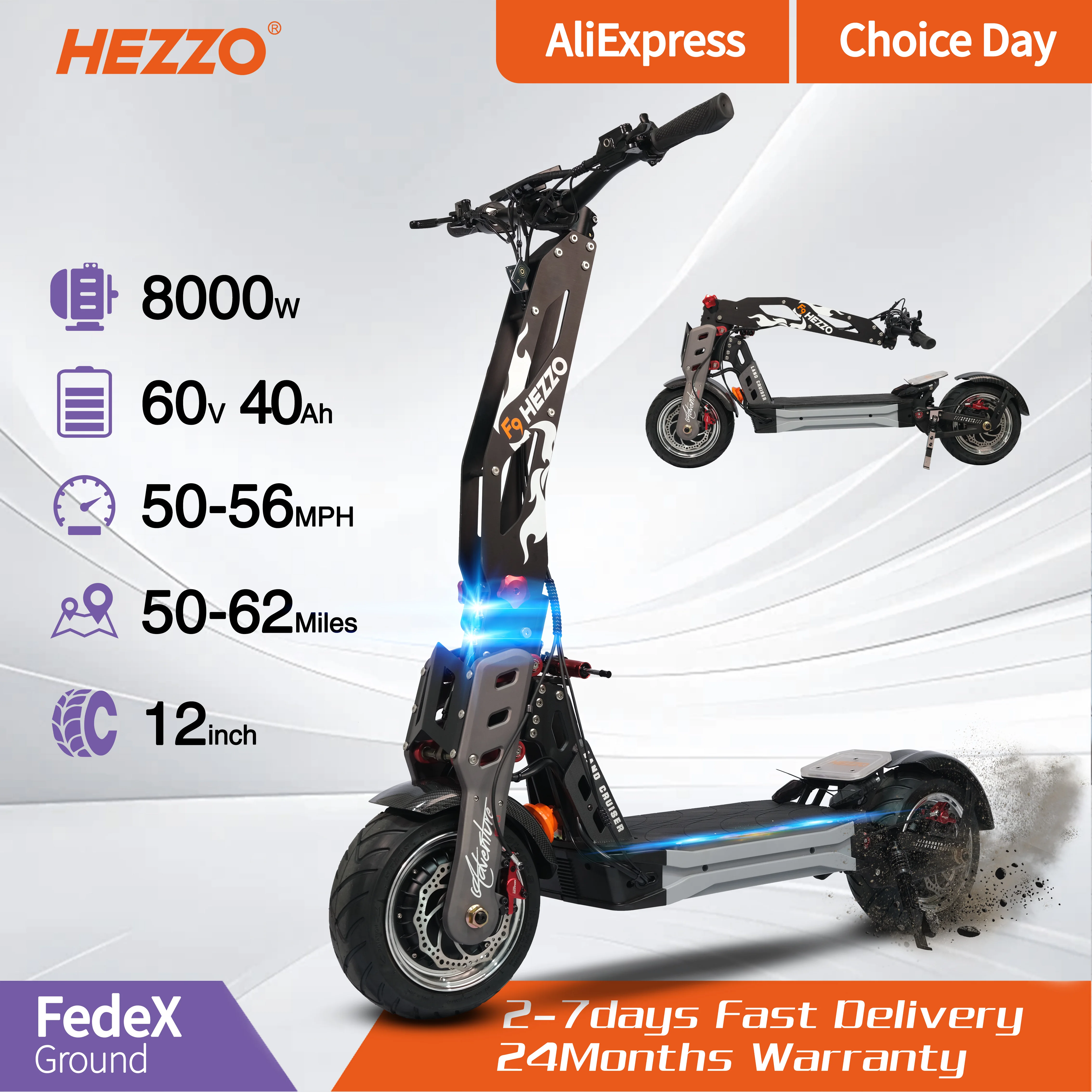 

HEZZO 8000W electric scooter F9 50mph Max Speed electric dirt bike 60V 12 inch 49miles Max Range electric scooter adult