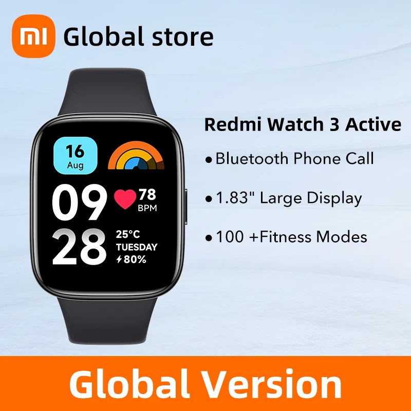 Xiaomi-Redmi Watch 3 Versão Global, Bluetooth Ativo, 5.3 Pulseiras Esportivas, 1.83 "Display LCD, Monitor de Oxigênio no Sangue, 5ATM Impermeável