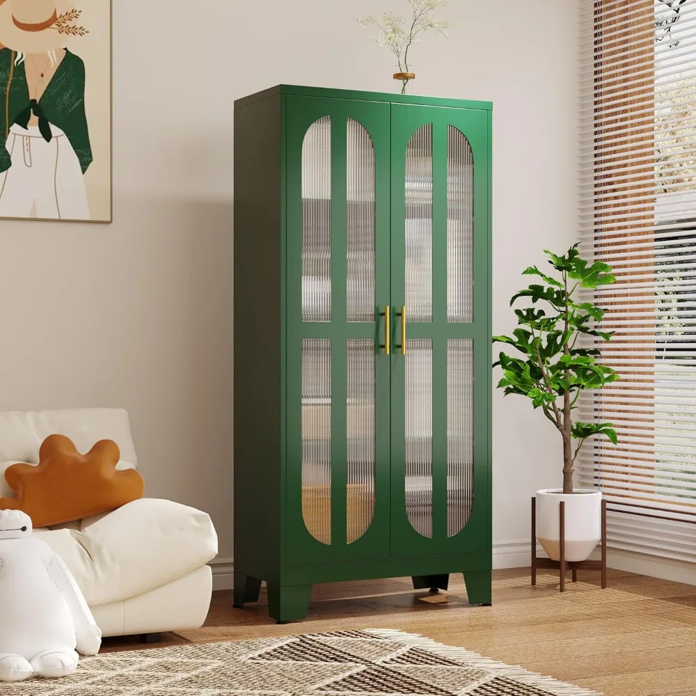 

61.02 Metal Display Storage Cabinet,Tall Kitchen Pantry Cabinets with Cross Acrylic Glass Doors and Adjustable Shelves,Freestand