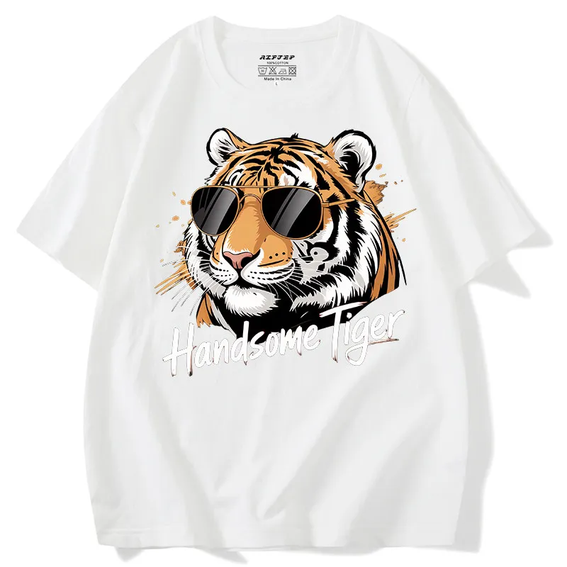 American-style Trendy and Creative Tiger-head Printed Short-sleeved T-shirt with Sunglasses Stylish Street Style Original Design