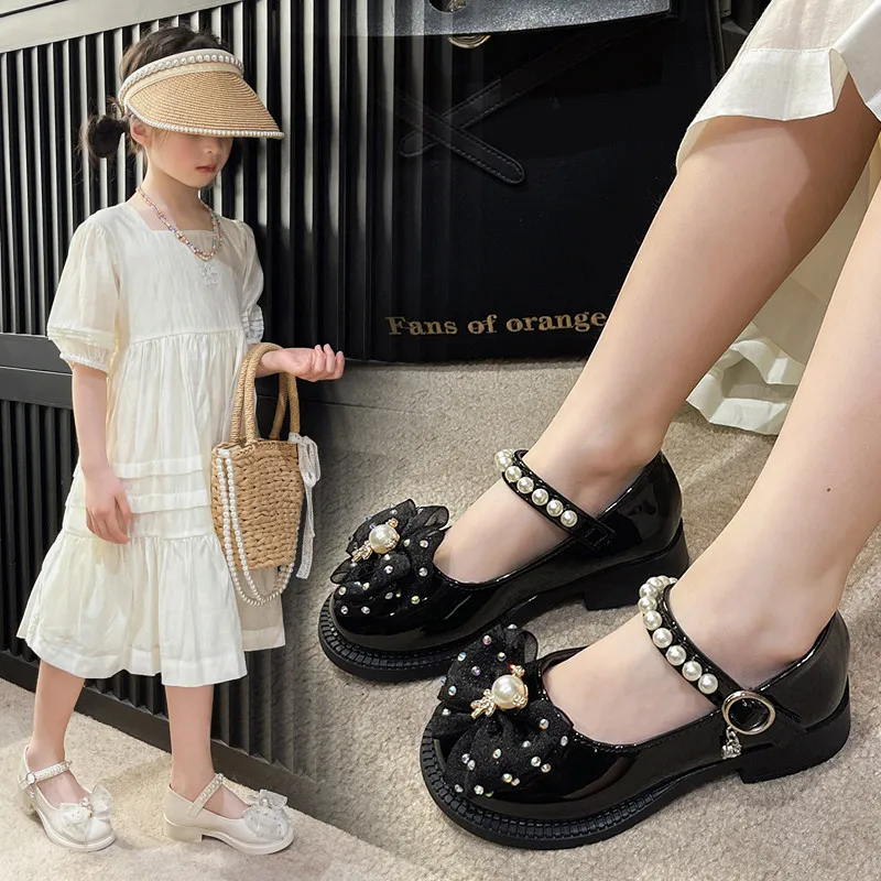 Girls Mary Jane Shoes Children Lace Pearls Princess Shoes with Bow-knot Kids Leather Shoes for Party Wedding Elegant Non-slip