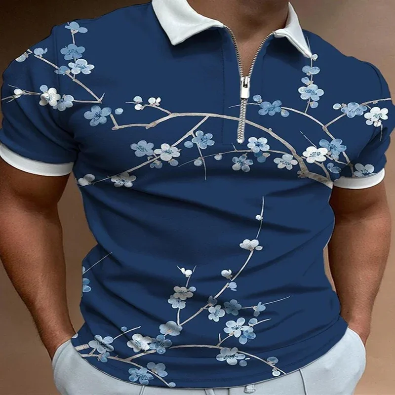 

Colorful Printing Polo Zipper Shirt for Men Hawaiian 3D Print Polo Short Sleeve Summer Shirt