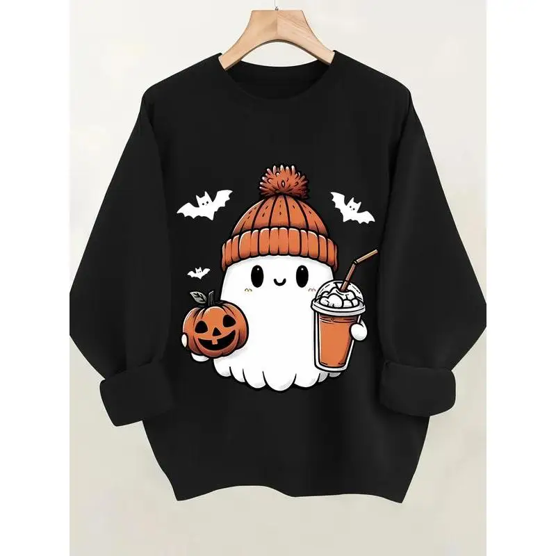 

Kawaii Ghost Sweatshirt, Cute Halloween Bats Graphic Top, Fall Themed Crewneck with Beanie & Pumpkin Print