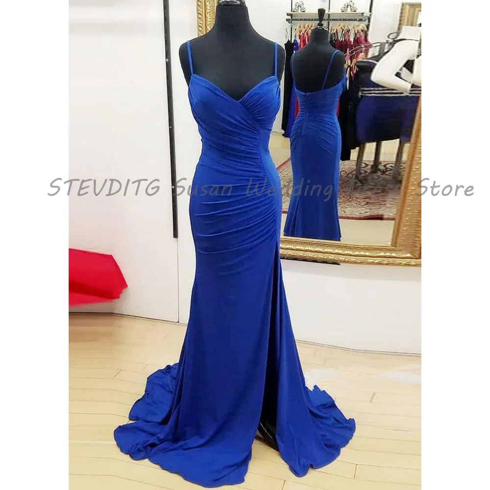 

Dark Blue Evening Dresses Women Spaghetti Strap V Neck Sleeveless High Quality Sweep Train Floor Length Prom Party Female Gowns