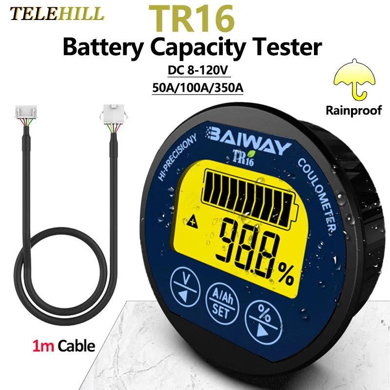 TR16 8-120V Waterproof Battery Capacity Tester LCD Display Ammeter Voltmeter Multifunctional Coulometer 50A/100A/350A Coulometer