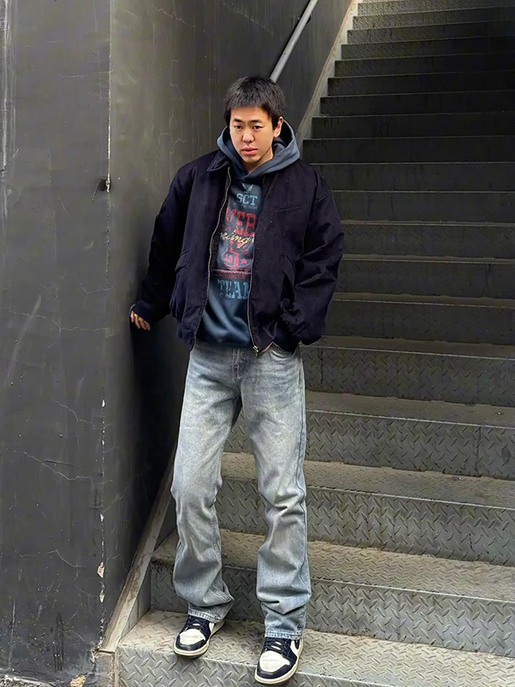 

Светло-голубые джинсы-буткэт с флисовой подкладкой для мужчин, осенне-зимние, в американском уличном стиле, с эффектом потертости, прямые брюки