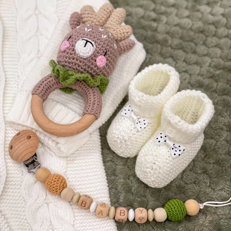 아기 래터 Molar 장난감 나무 이빨 크로 셰 뜨개질 동물 BPA 무료 딸랑이 장난감 신생아 Amigurumi Teether 아기 딸랑이 선물