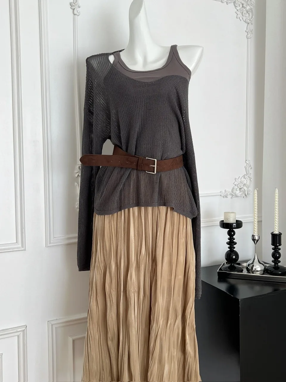 

Fall Faion Set Women's Base Layer Vest Strap+ Long Sve Thin Knitted Top+ Velvet f Skirt Tee-Piece Suite Vintage Sle