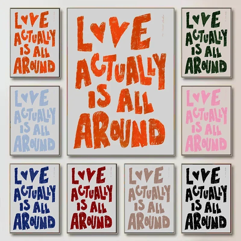 Affiche d'art colorée « Love Is Actually All Around », décoration murale minimaliste, peinture sur toile, décoration murale pour chambre à coucher et salon