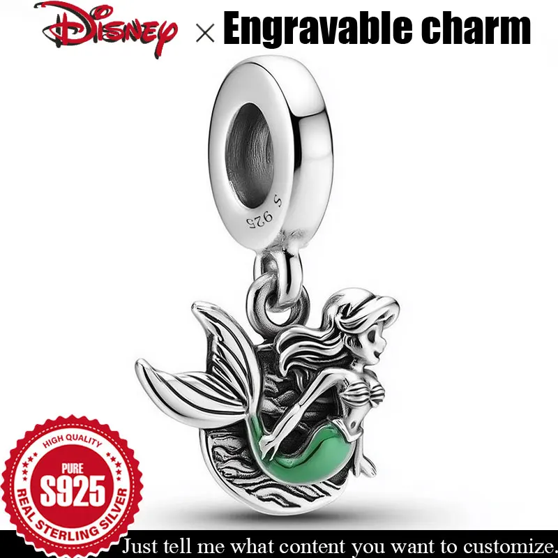 Colgante personalizable de plata de ley S925, cuentas grabables de sirena de Disney para mujer, pulsera Original DIY, joyería fina