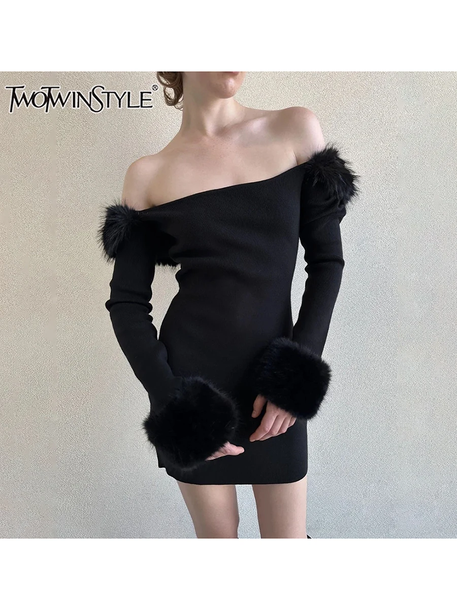 

TWOTWINSTYLE Solid Patchwork Feather Slimming Dresses For Women Slash Neck Long Sleeve High Waist Temperament Dress Female New