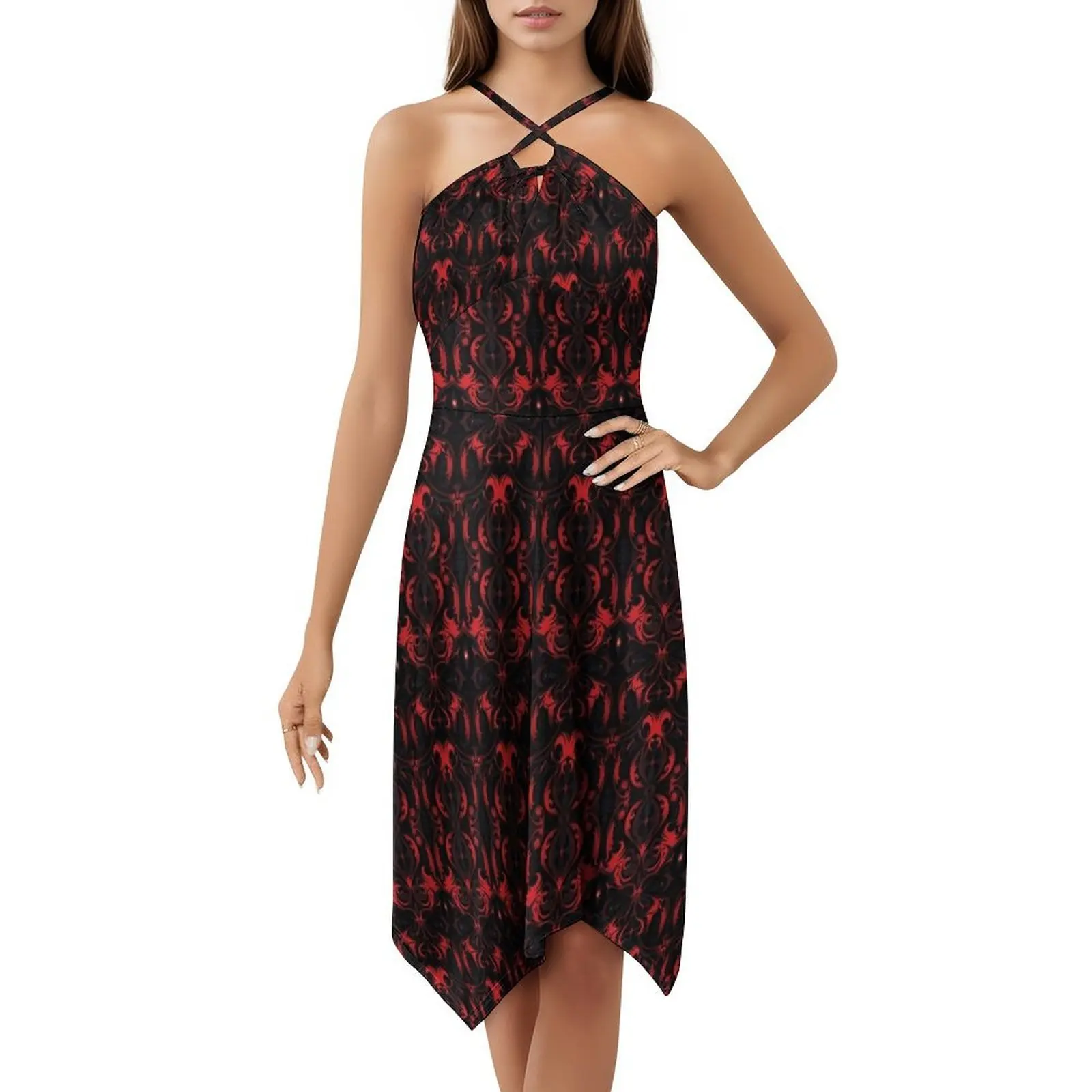 فستان بوهيمي عتيق بتصميم بلاط من القرون الوسطى باللونين الأحمر والأسود بأكمام منتفخة أو خيارات بدون أكمام للنساء فستان قوطي