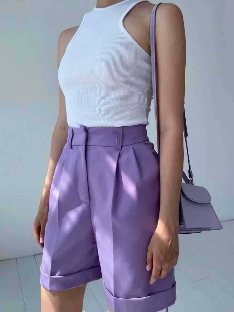 

2026 Summer High Waist Shorts Fashion Loose Purple Wide Leg Short Pants Women Solid Color Casual High Street Shorts for Women