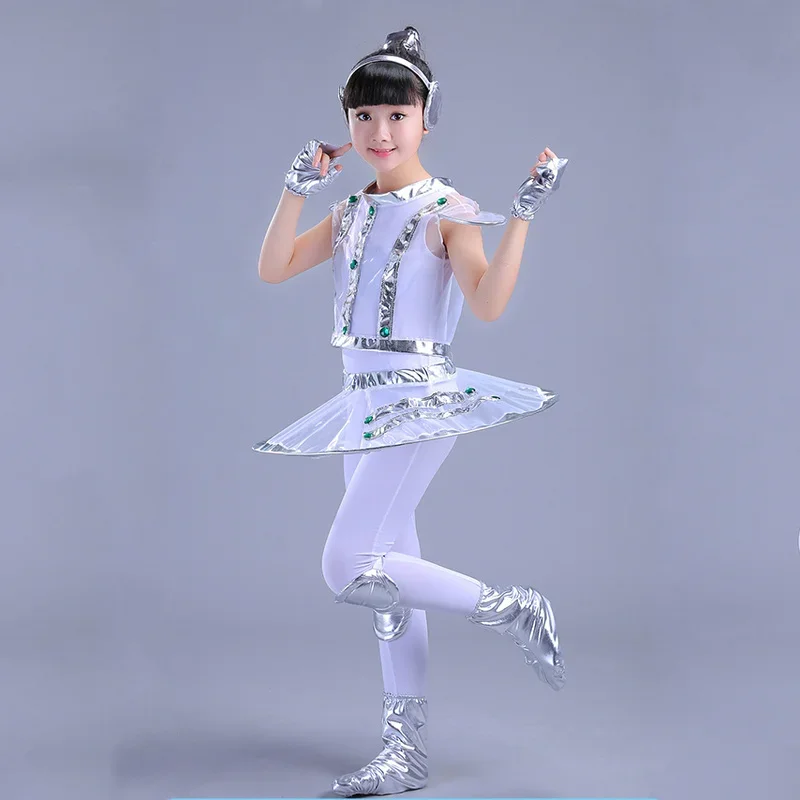 Kids Robot Costume White Silver Astronaut Performance Space Stage Dance Show Time Clothing Unisex Dance Clothes Boy or Girl