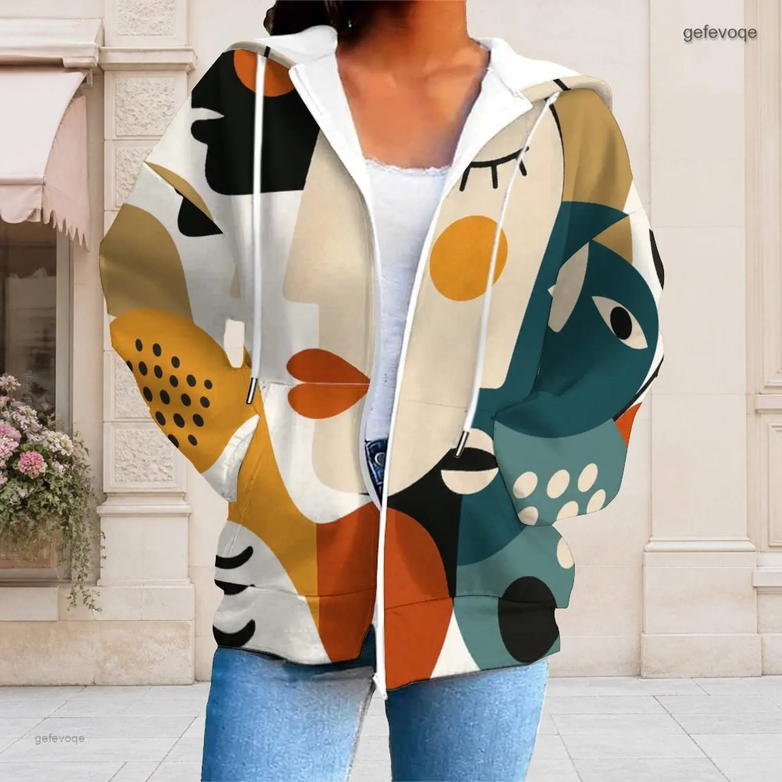 Women Zip Up Hoodie Abstract Leaf Geometric Printed Long Sleeve Hooded Top with Pockets