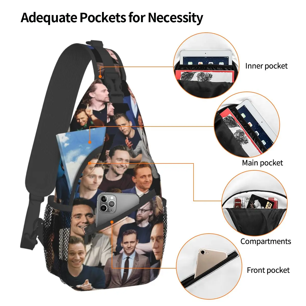 Tom Hiddleston Collage Small Sling Bag Chest Crossbody Shoulder Backpack Travel Hiking Daypacks Actor Pattern Pack