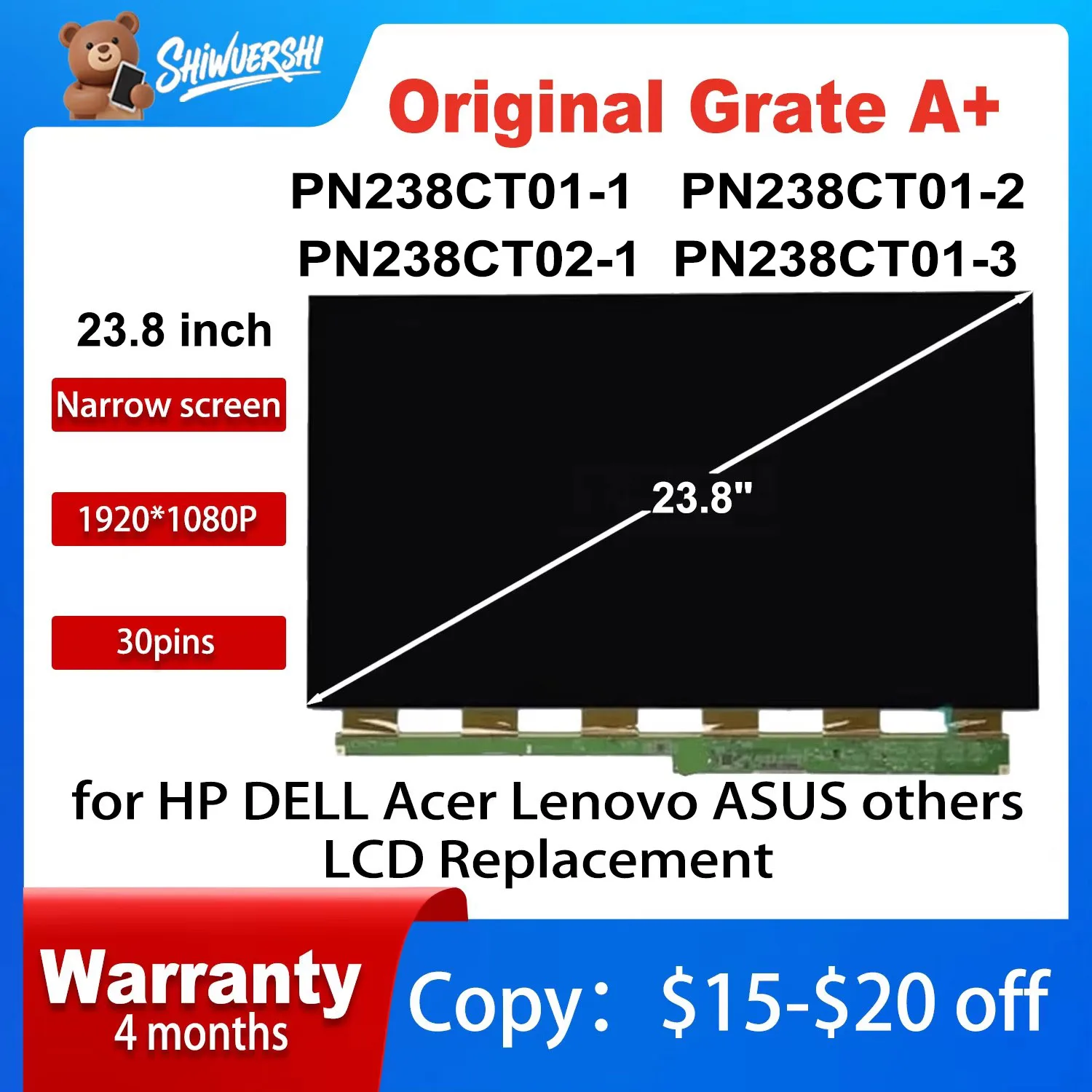 

Original 23.8'' PN238CT01-1 PN238CT01-2 PN238CT01-3 LCD Screen Display Glass Display Monitor 1920×1080 FHD 30Pins