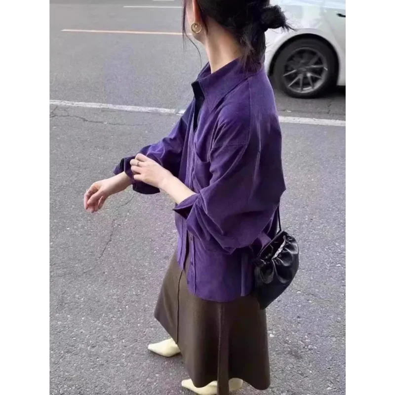 

Autumn and Winter Retro Loose Purple Corduroy Long-sleeved Women's Slimming Layered Shirt