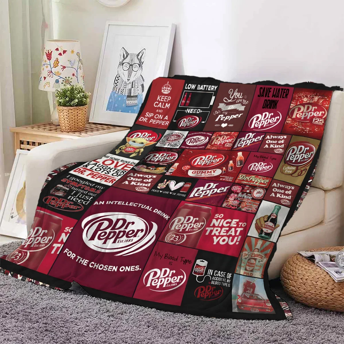 1pc Dr. Pepper Printed Thick Flannel Blanket, Warm, Skin-Friendly, Soft, Suitable for Sofa, Bed, Travel, Office