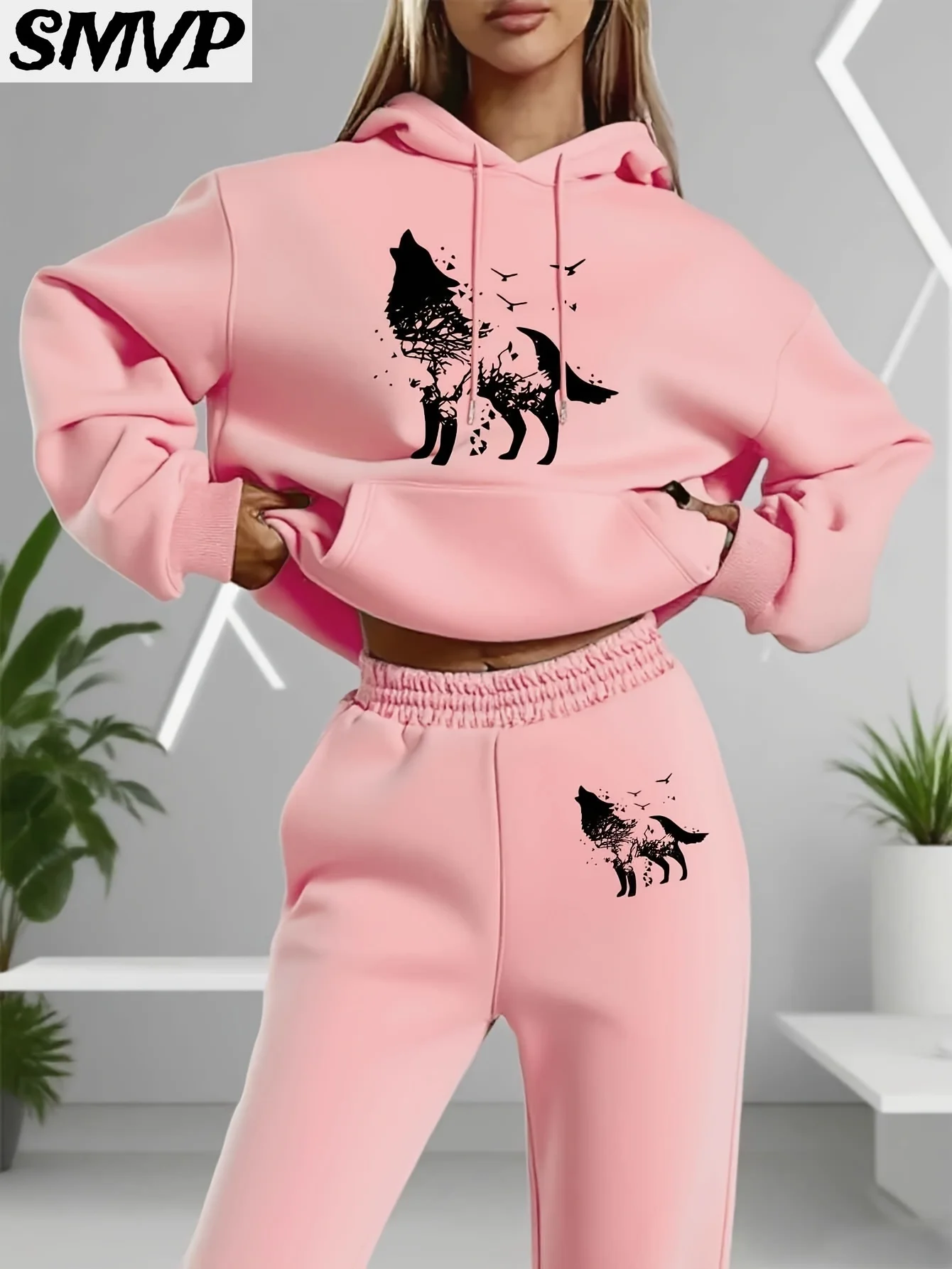 SMVP النساء الفتيات القطن هوديي مجموعة أبيض أسود الذئب والطيور طباعة قطعتين الزي عارضة المتسكعون الأم ابنة
