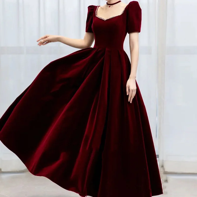 

2024 new summer thin burgundy velvet toast dress on the run princess bride large size fat mm evening dress women