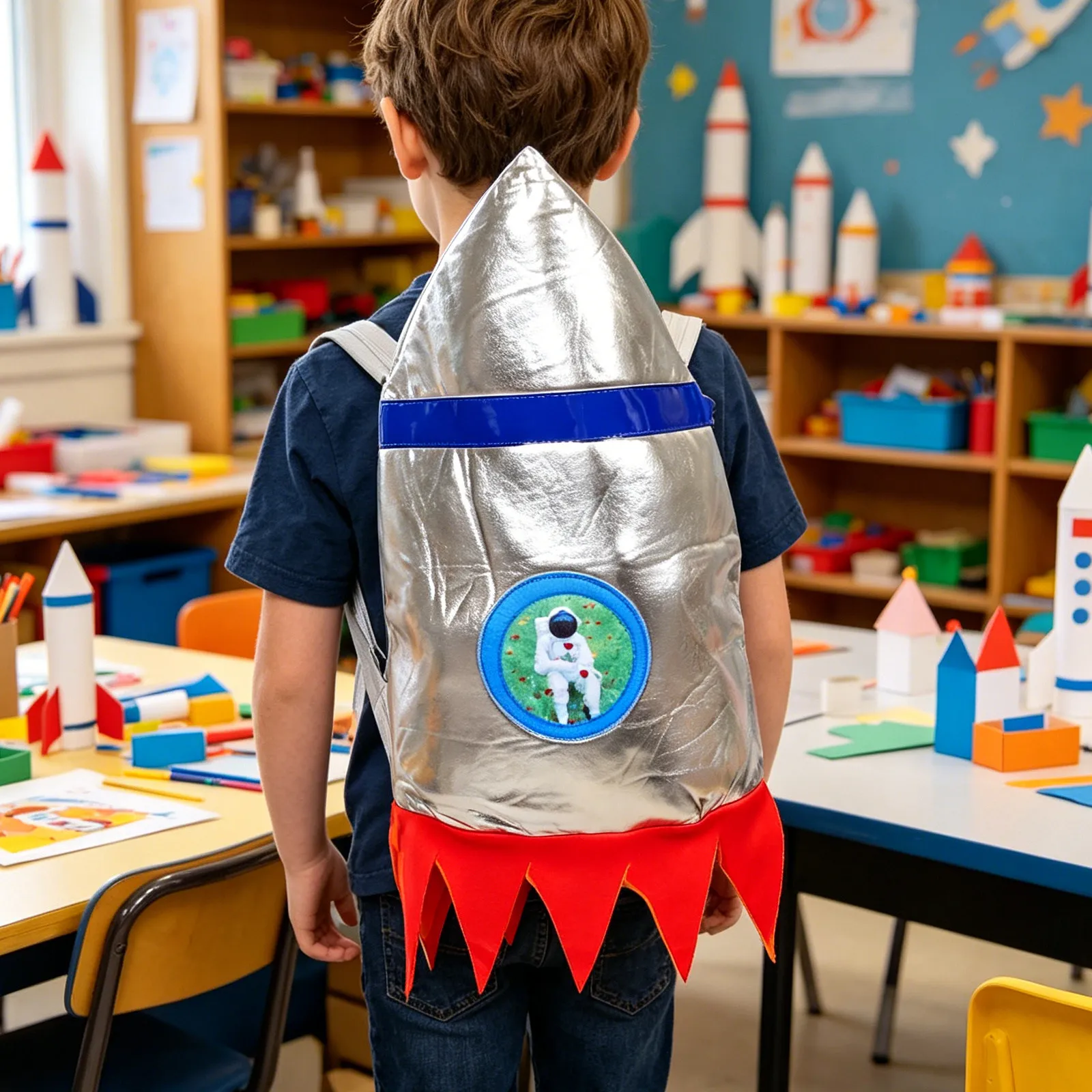 Mochila Metálica Plateada con Diseño de Cohete para Niños, Disfraz de Astronauta, Juego de Roles, Fiesta de Cumpleaños, Juego Escolar, Accesorio de Cohete Espacial