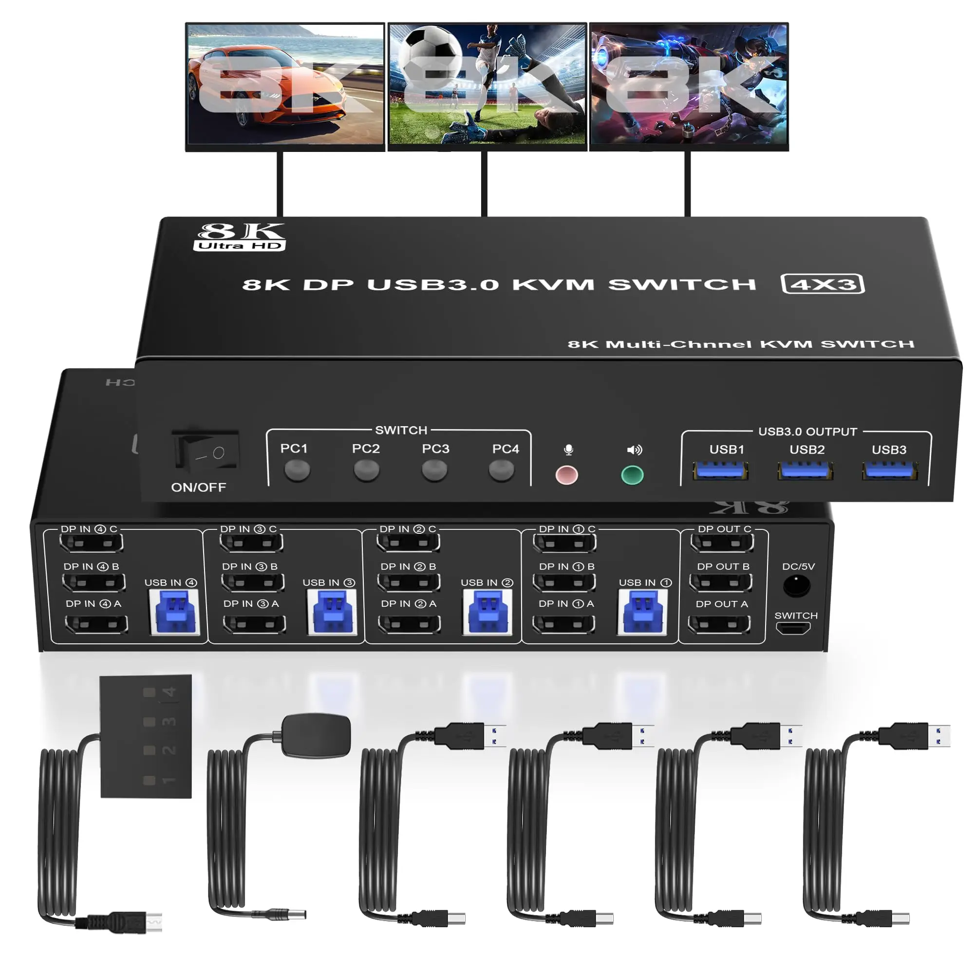 8K Displayport USB 3.0 KVM Switch 3 Monitors 4 Computers, DP 1.4 Triple Monitor KVM Switch with Audio Microphone Output