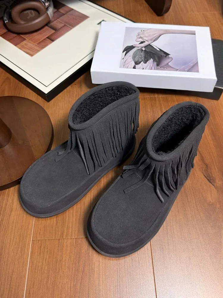 الشتاء أنيقة المرأة شرابة جلد البقر المدبوغ الثلوج الأحذية الدافئة الصوف عالية أعلى الأحذية عارضة جولة تو الكاحل السيدات حذاء مسطح #6