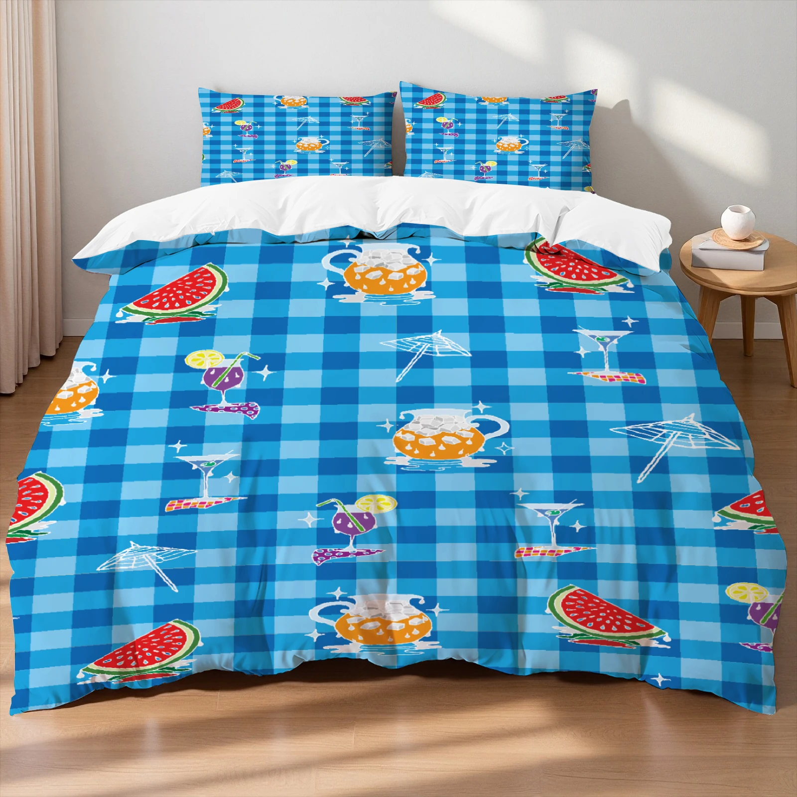 Summer Kids Bedding Set Blue Cute Watermelon & Drink Print Pattern Breathable Skin-Friendly  Durable Children Bedroom Decor