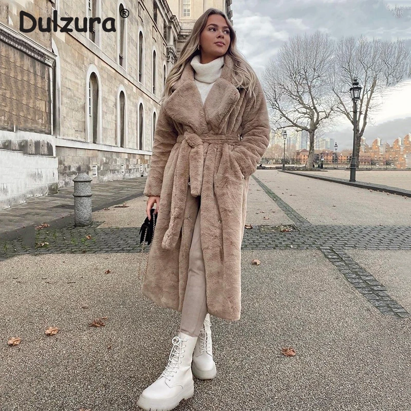 2023 Winter Women Oversized Lapel Belted Faux Rabbit Fur Coat Luxury Brand Long Overcoats Jacket Female Thick Warm Outerwear