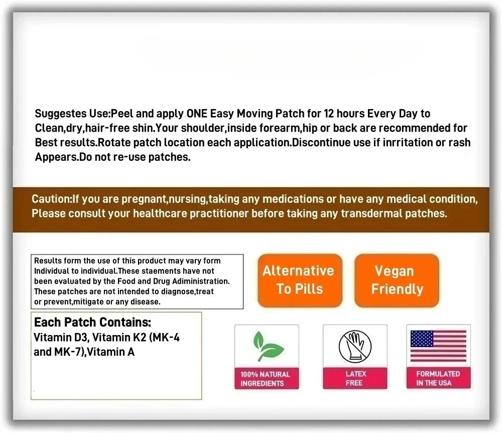 Transdermales Vitamin D3 K2-Pflaster, unterstützt Knochen, Immun – 30 Pflaster