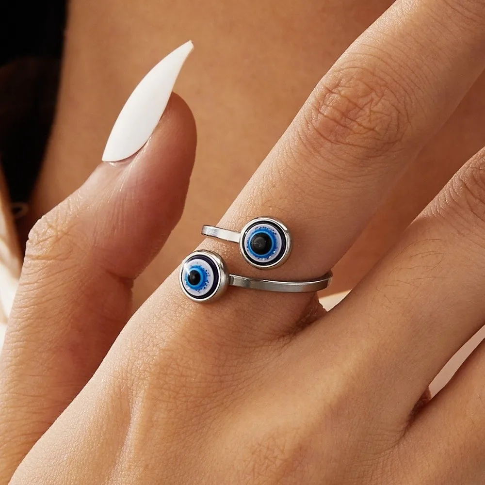 Trendy Silver Color Double Blue Eye Ring Zircon Open Ring Twisted Rings Minimalist Lucky Adjustable Finger Jewelry Daily