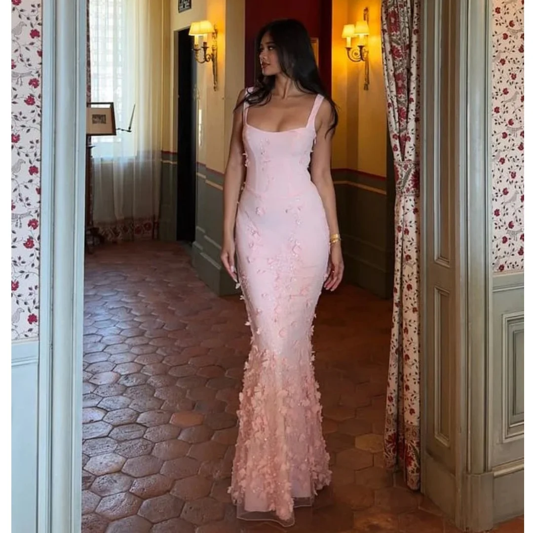 Vestidos de Noche de sirena rosa para mujer, apliques florales, vestido de fiesta de boda personalizado, cuello redondo, vestido de graduación, Vestidos formales