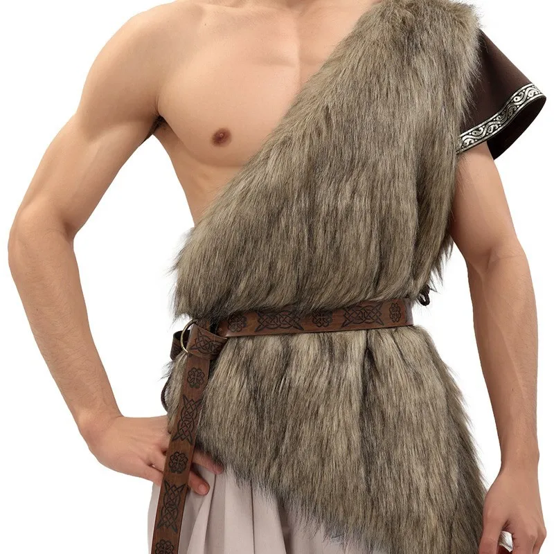 Medieval Faux Fur Vest Brown Fuzzy Waistcoat LARP Eskimo Costume with Belt Single-sleeve Waistcoat Design for Halloween view 2
