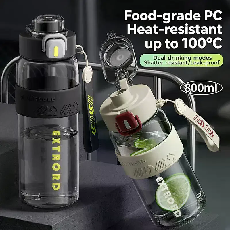 800/1200ml Sports Water Bottle High Temp Resistant Leakproof With Straw Direct Drinking For Outdoor