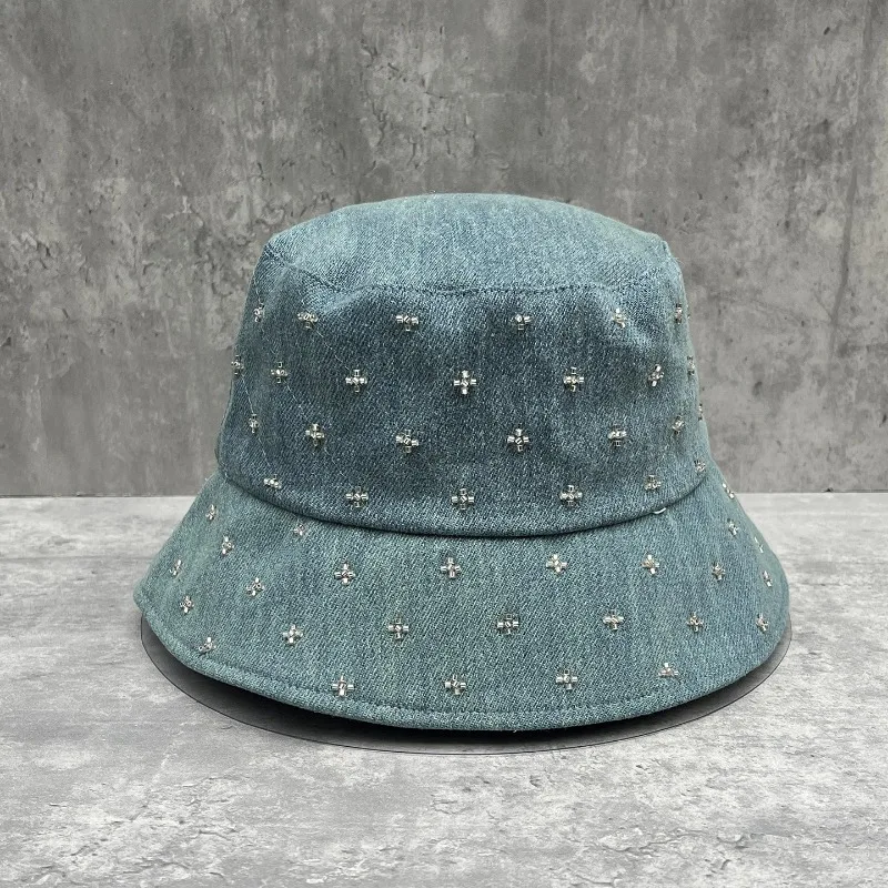 Women's Spring Summer Washed Denim Soft Foldable Cross Stitch Bucket Sun Hat