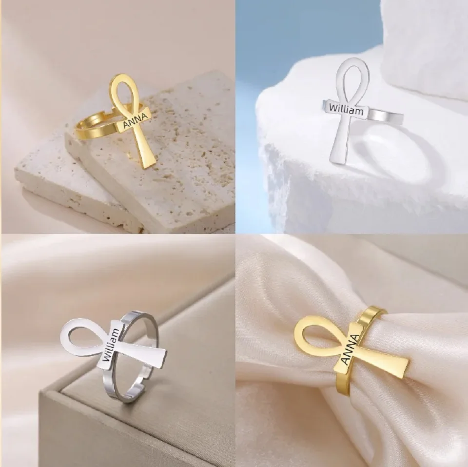 Sipuris Kreuz-Ring mit individueller Gravur für Damen und Herren, personalisierter afrikanischer ägyptischer Ankh-Buchstabenring, Schmuckgeschenk – Detail 8