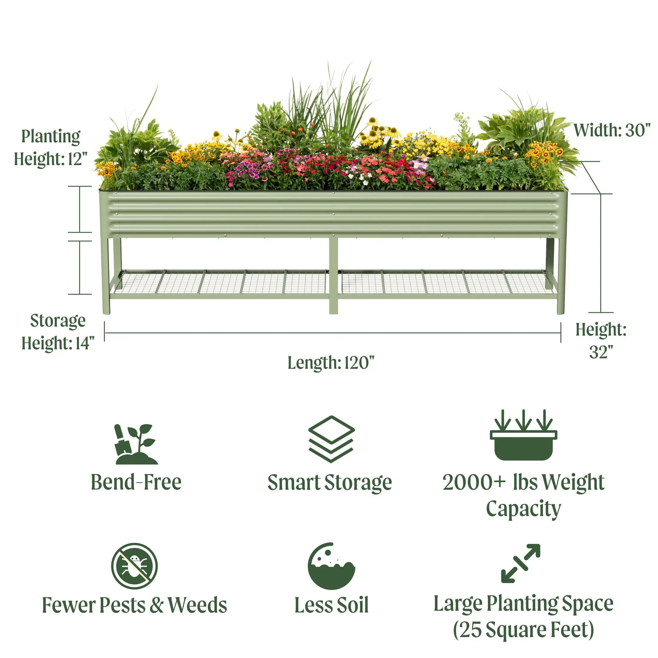 Elevated Raised Garden Bed, 2.5' x 10' Outdoor Planters Box with Legs & Storage Rack for Patio, 2000+ Lbs Weight