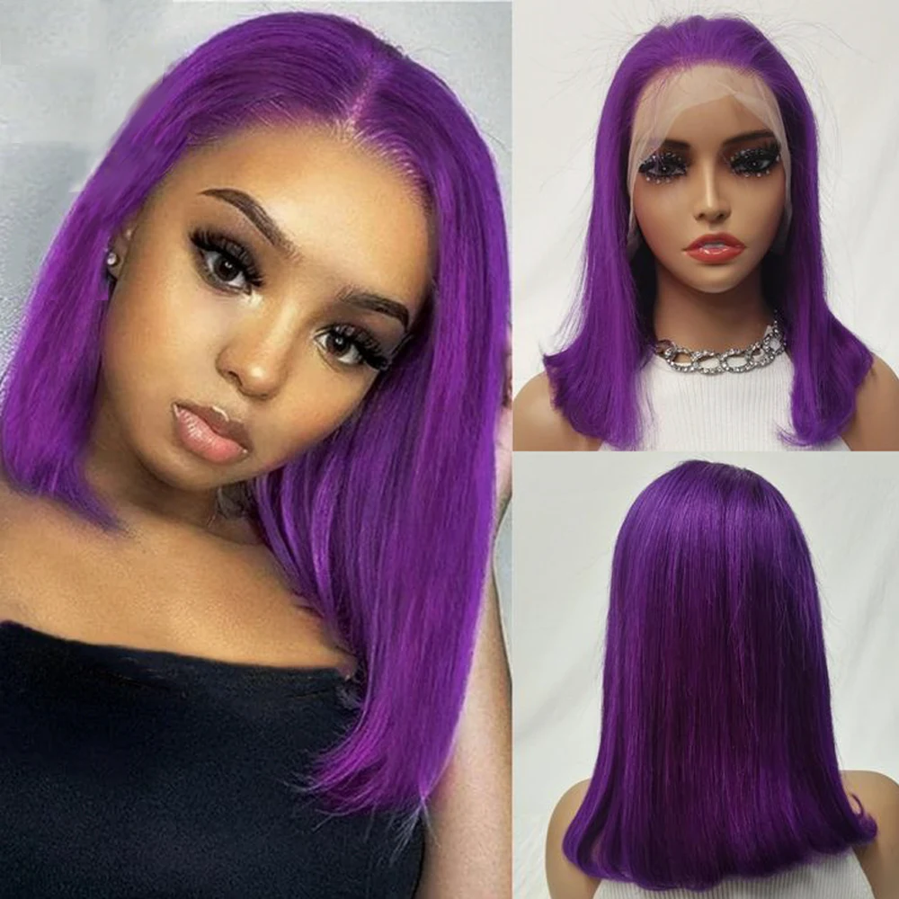 Short Straight Dark Purple Bob Wig Human Hair 200% Density 13x4 Transparent Lace Front Wig Pre Plucked with Baby Hair for Women