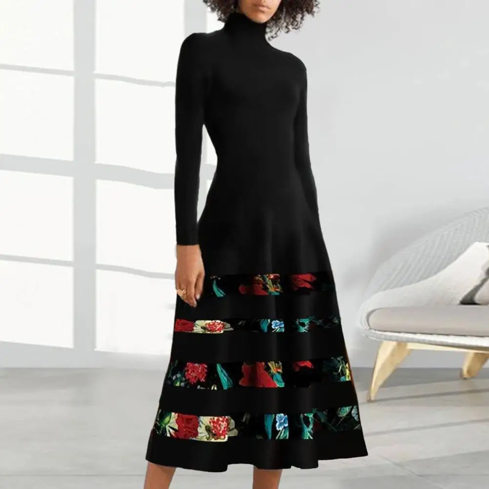 

Women Dress Flower Print A-line Midi Dress Stylish High Collar Loose Hem Color Matching for Women's Fall/winter Prom Party Women