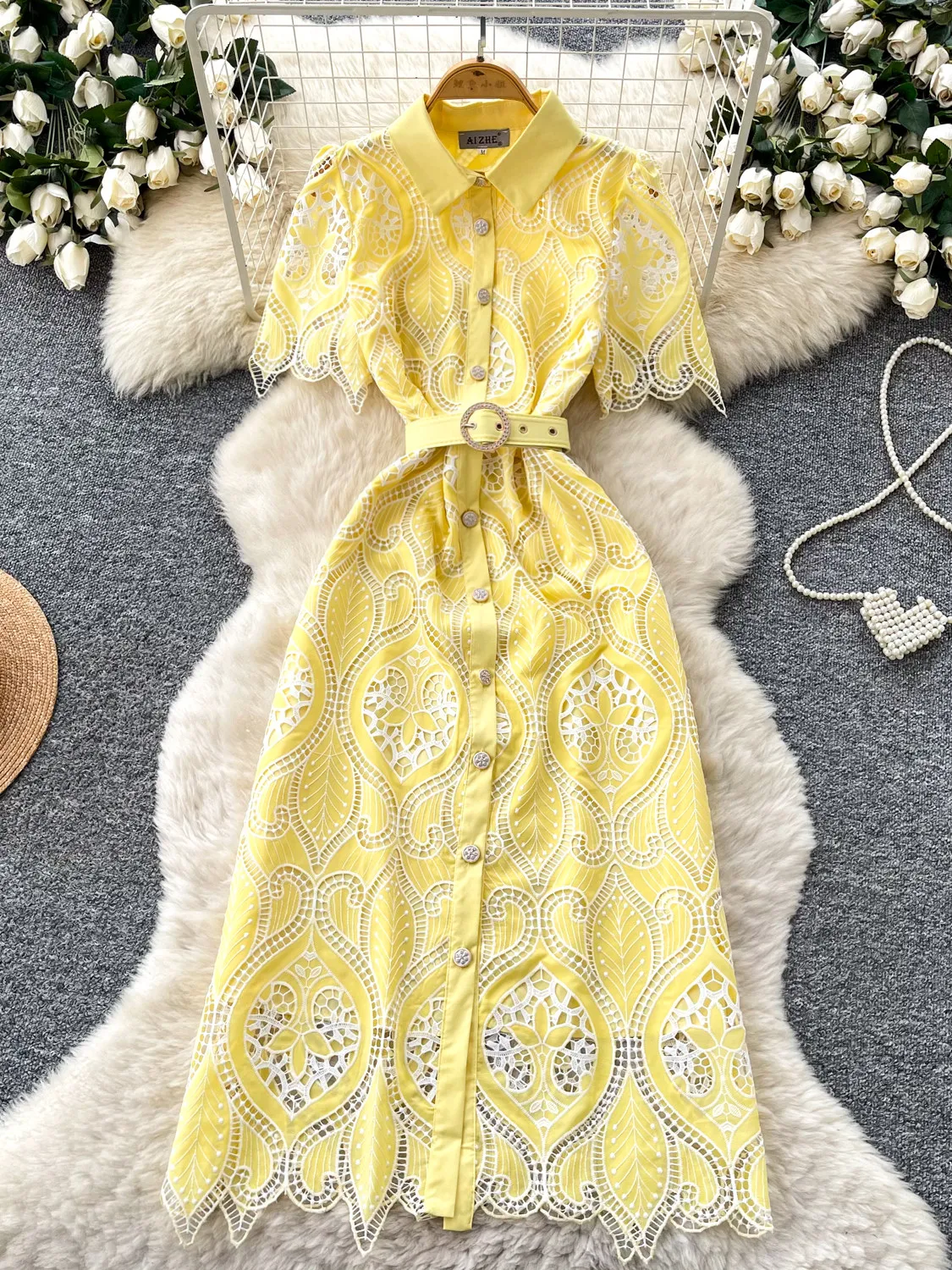 Damen Spitzenkleid mit Stickerei Sommer Kurzarm Umlegekragen Schlankes Elegantes Vintage Partykleid Damen Midi-Robe