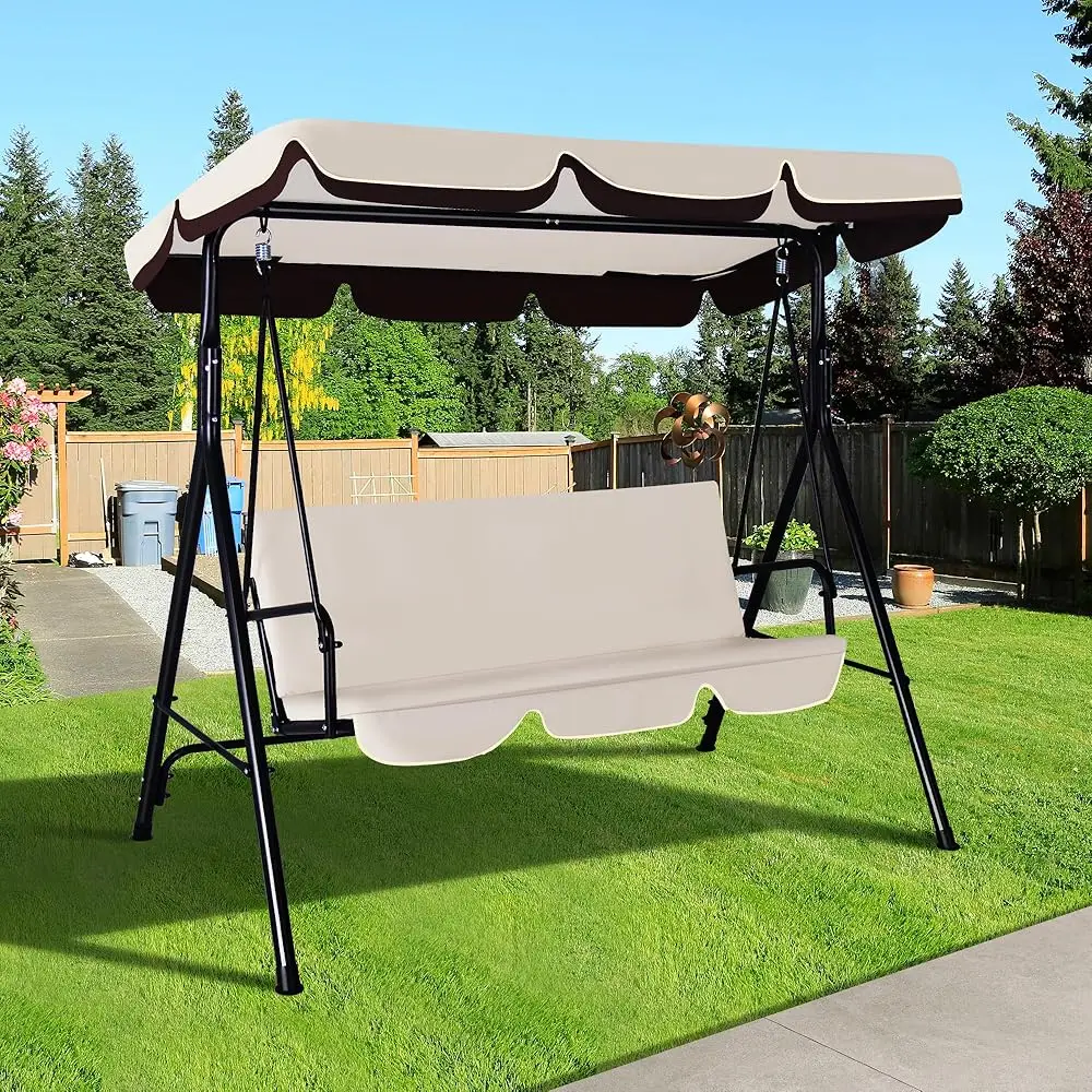 

3-Seat Outdoor Porch Swing, Patio Swing Chair With Adjustable Canopy & Durable Metal Frame, Garden Swings Chair With Removable