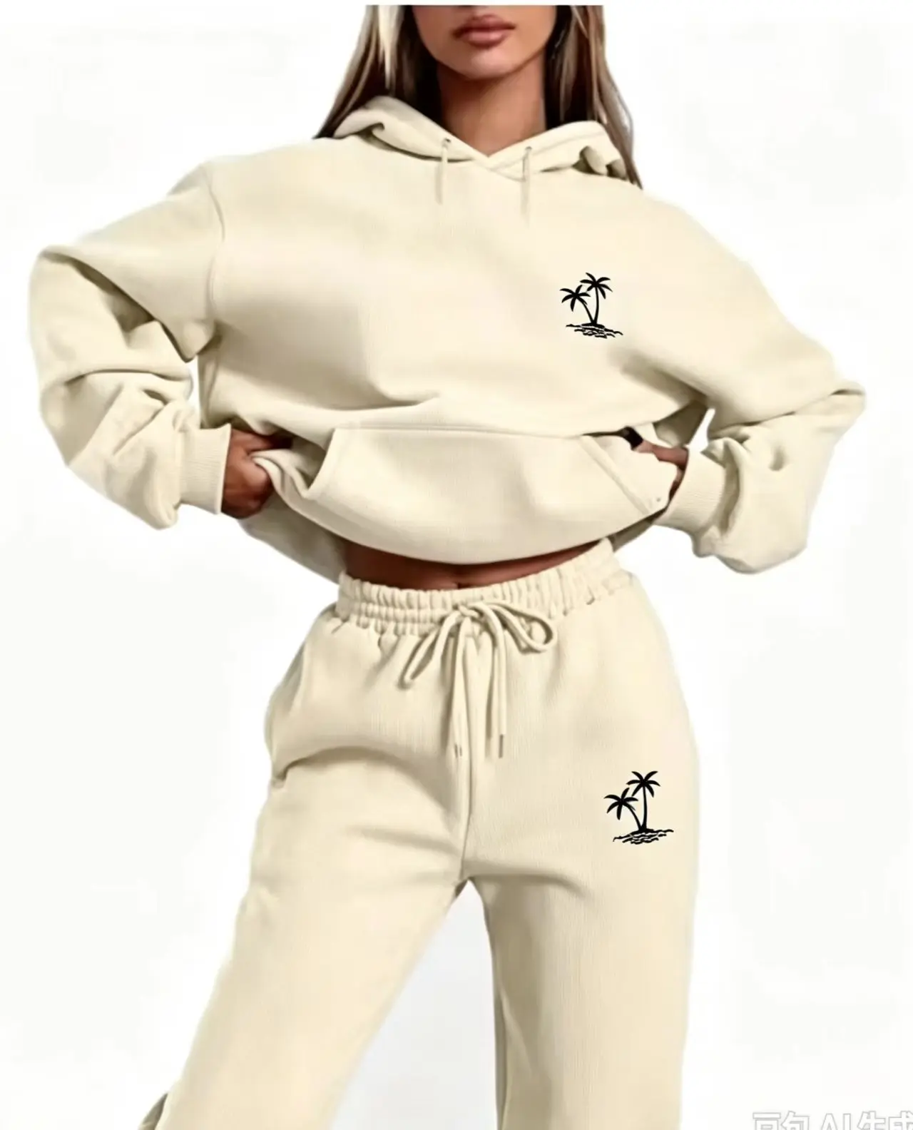 Coconut Tree Printed Sportswear Set Men's Hooded Sweatshirt Long Pants Set Spring and Autumn Winter Warm Suit