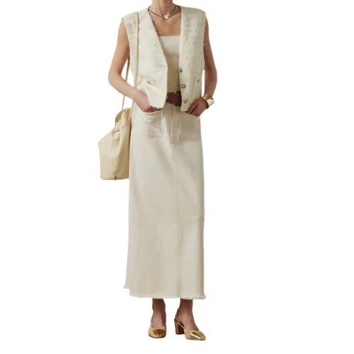 กระโปรงยีนส์ทรงตรงทรงตรงหลังกรดไตรอะซิทิกกระโปรงยาวทรงเอกระโปรงยาวสีขาวถักมินิซัมเมอร์ A25323