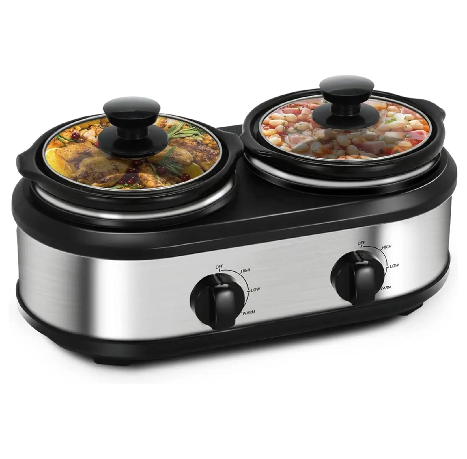 Dual Slow Cooker Buffet Server, 1.5QT x2 Stainless Steel Food Warmer with Glass Lids - 3 Temp Modes for Parties & Keep Warm