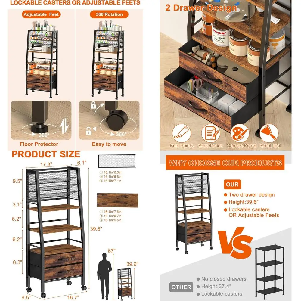 

3-уровневая художественная тележка с запираемыми колесами и ящиками — органайзер для рукоделия для хранения кистей, красок и мелких деталей