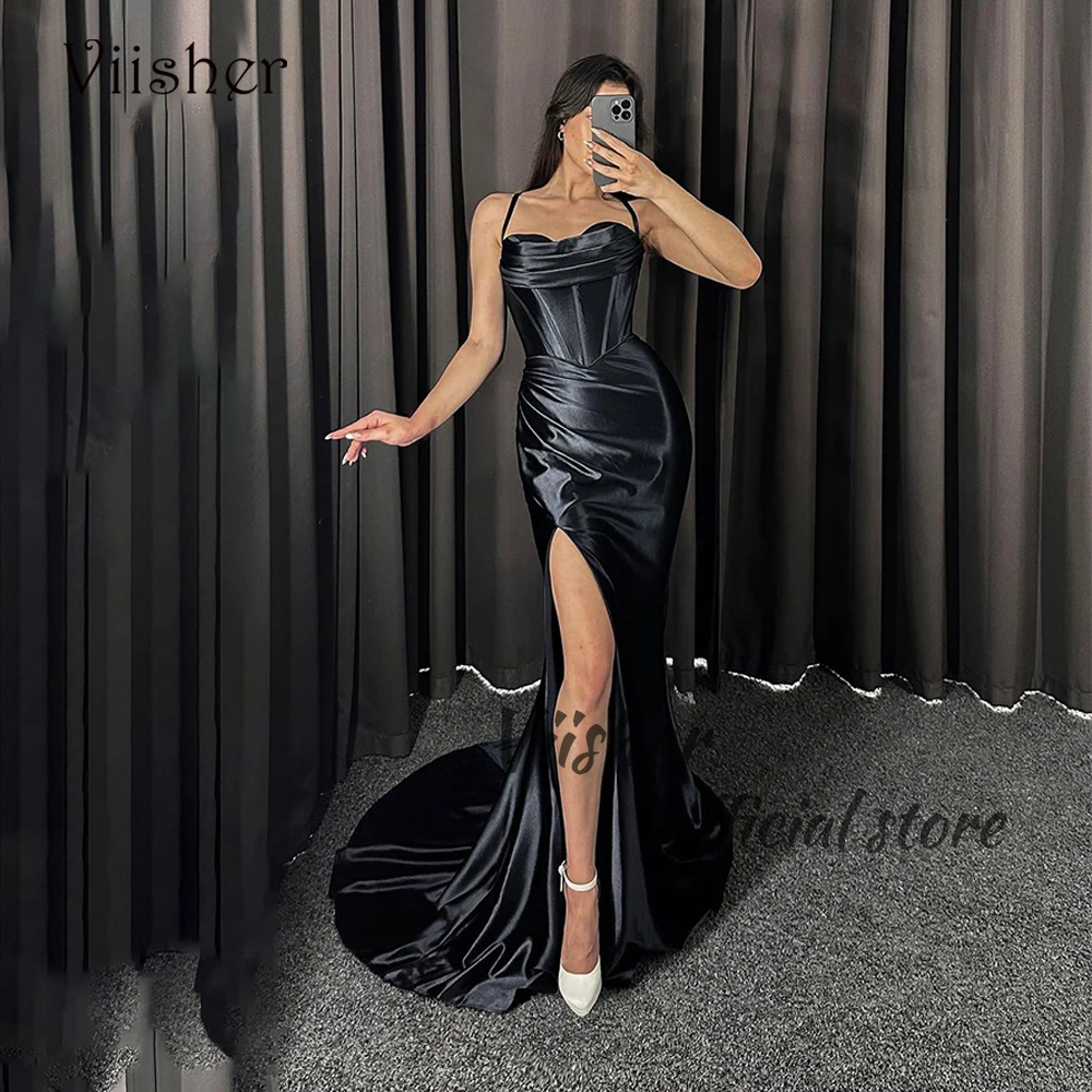 

Black Satin Mermaid Evening Prom Dresses with Slit Sweetheart Formal Party Dress Spaghetti Straps Sexy Evening Party Gowns