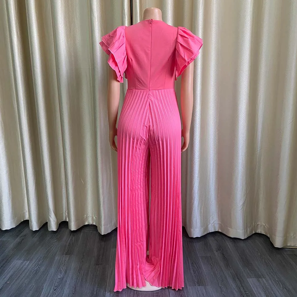 Pleated Jumpsuits for Women Elegant 2024 New V Neck Ruffles Sleeve High Waisted Floor Length Luxury Party Dinner Celebrate Cloth